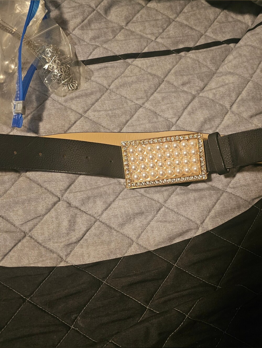 Pearl & Crystal Accent Black Leather Women's Belt